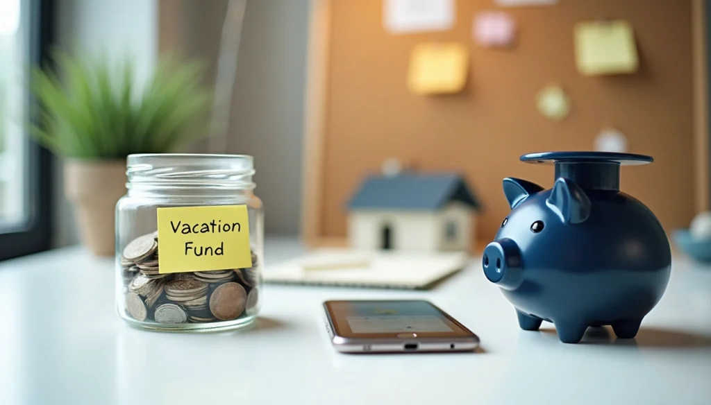 A jar labeled "Vacation Fund" filled with coins sits on a desk beside a blue piggy bank, symbolizing a short term savings goal, with a smartphone and a blurred background featuring a corkboard and a small model house. | Gyyol.com