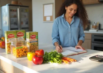 A woman stands in a kitchen, smiling as she writes in a notebook. On the counter are pasta boxes, a jar of pasta, colorful bell peppers, carrots, parsley, and a calculator to help with her grocery budget. | Gyyol.com