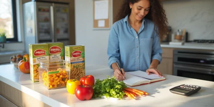 A woman stands in a kitchen, smiling as she writes in a notebook. On the counter are pasta boxes, a jar of pasta, colorful bell peppers, carrots, parsley, and a calculator to help with her grocery budget. | Gyyol.com